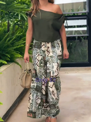 Boho Vibes: Off-Shoulder Olive Top & Tribal Palazzo Set for Just $2