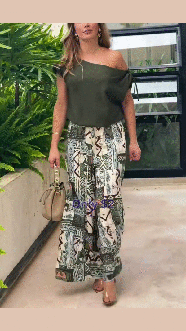 Boho Vibes: Off-Shoulder Olive Top & Tribal Palazzo Set for Just $2